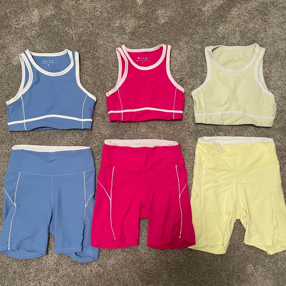 WILO Sports Bra and Shorts Set in Blue, Pink, and Yellow